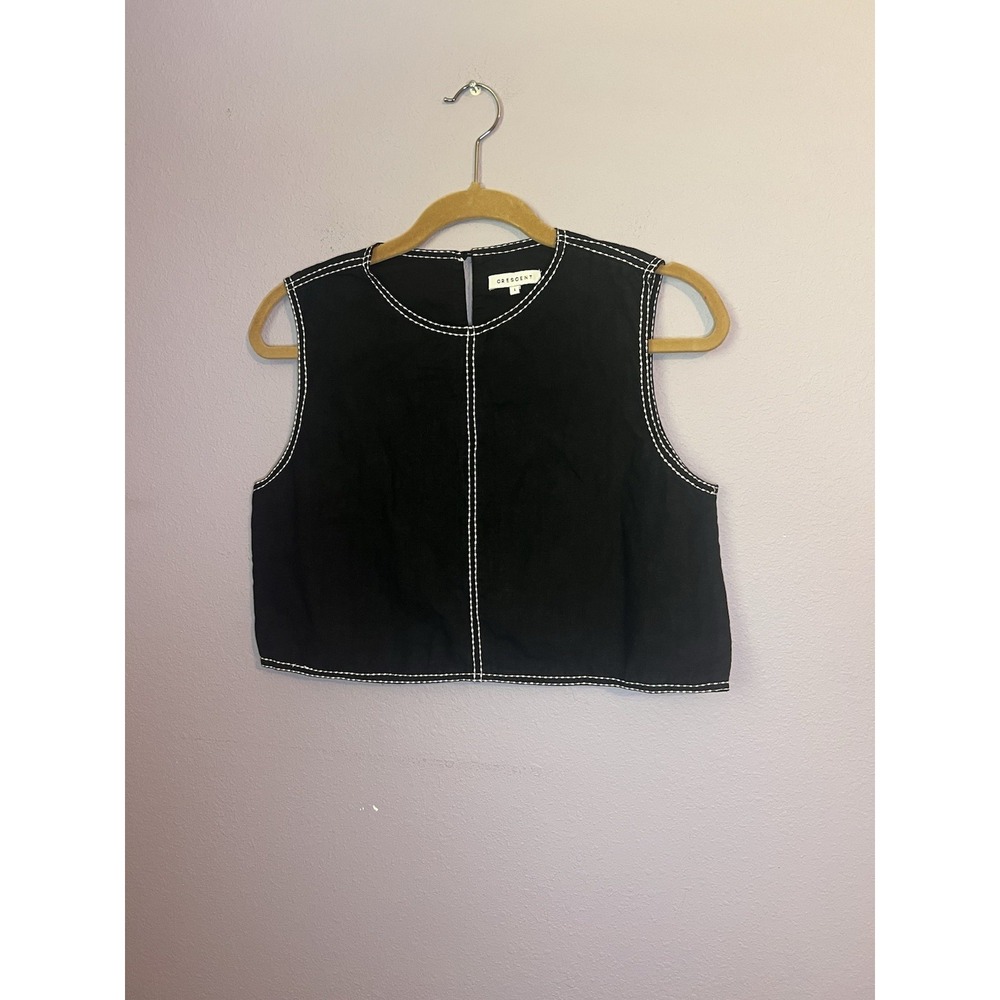 Crescent Black White Contrast Stitch Linen Crop Top Size Large